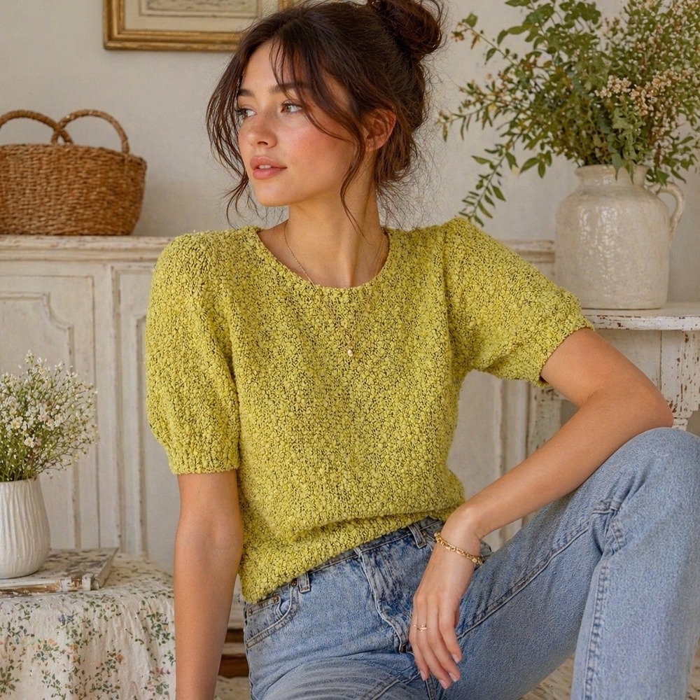 Vintage Wye Oaks Silk Blend Womens Sweater M Yellow Textured Knit Short Sleeve